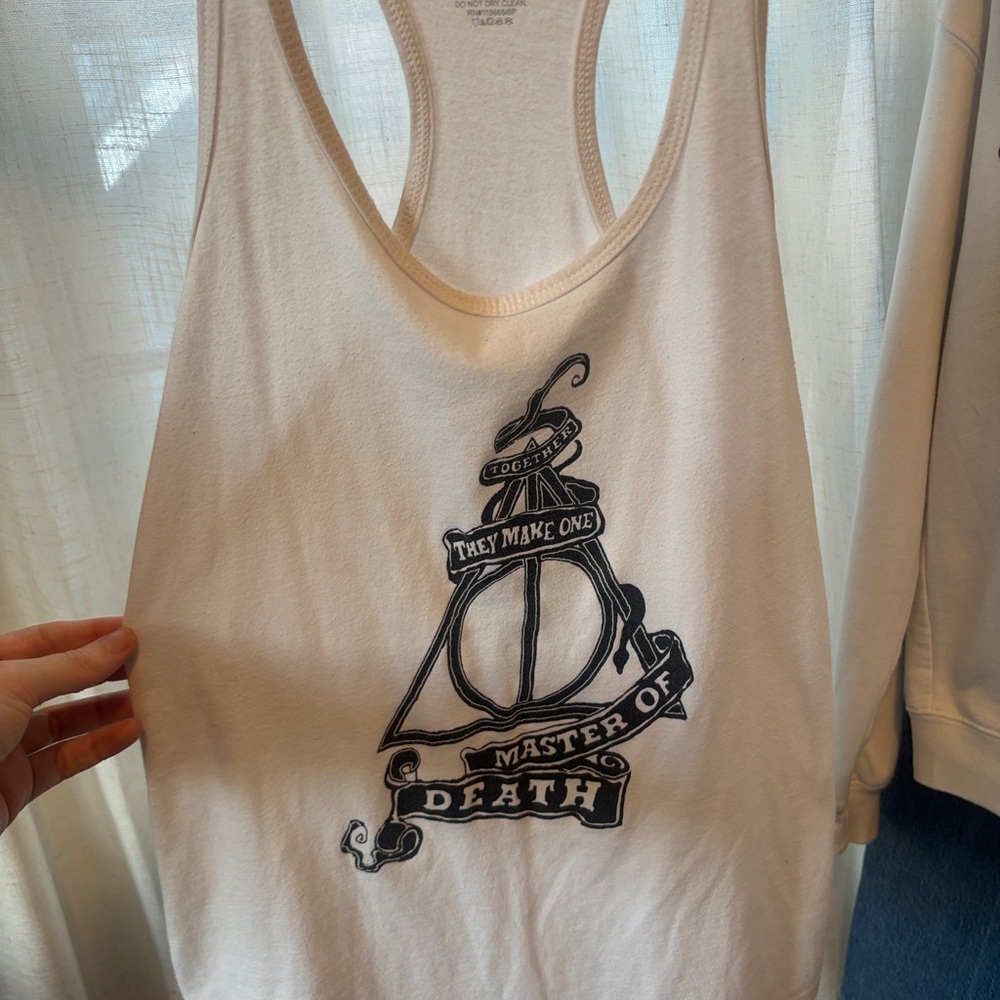 Harry Potter White Graphic Racerback Tank with Black Deathly Hallows Design